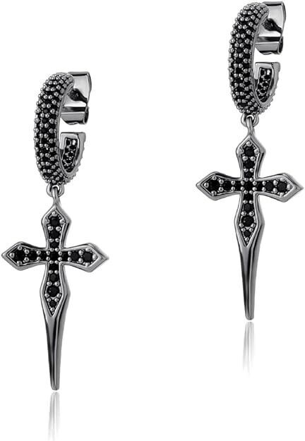 Iced 14K Gold Plated Cross Drop Dangle Black Cubic Zirconia Men Women Earrings